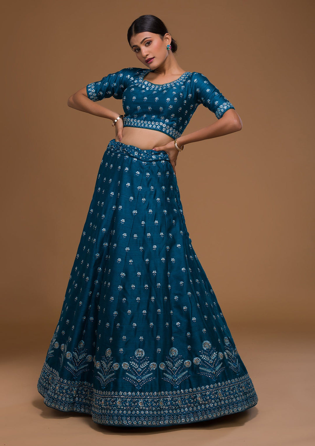 Peacock Blue Threadwork Raw Silk Designer Lehenga-Koskii
