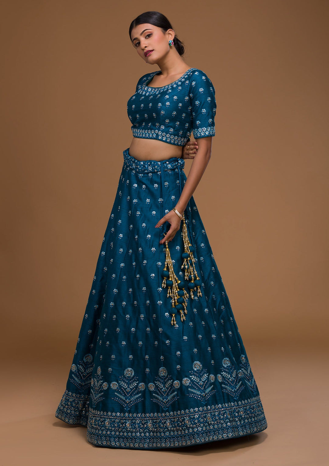 Peacock Blue Threadwork Raw Silk Designer Lehenga-Koskii