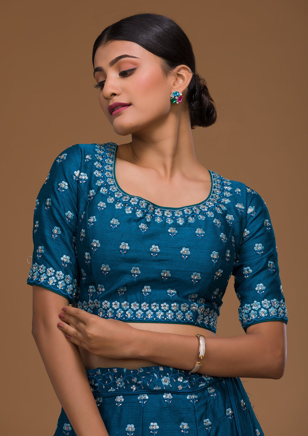 Peacock Blue Threadwork Raw Silk Designer Lehenga-Koskii