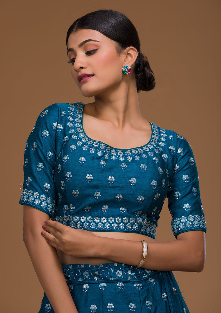 Peacock Blue Threadwork Raw Silk Designer Lehenga-Koskii