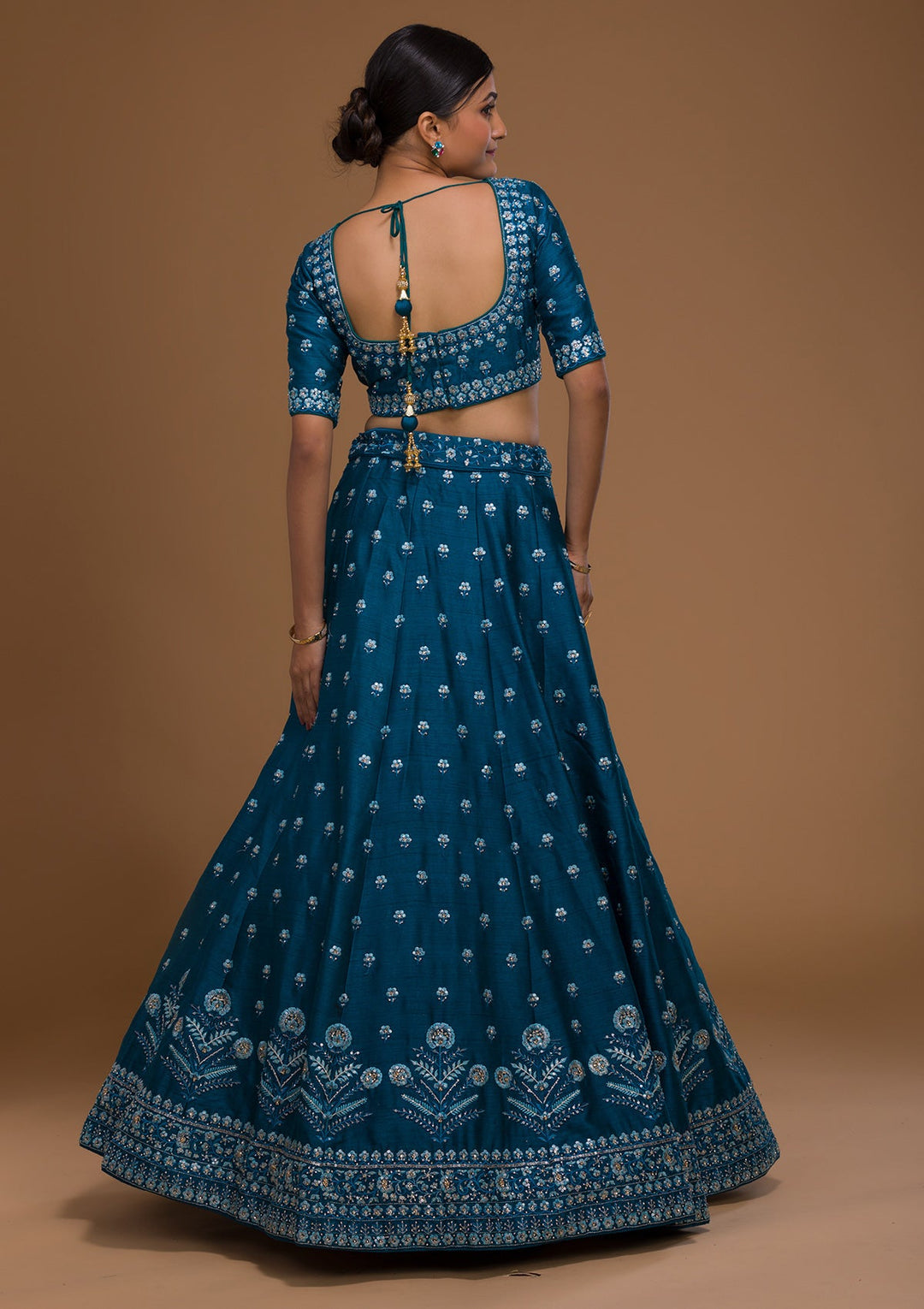 Peacock Blue Threadwork Raw Silk Designer Lehenga-Koskii