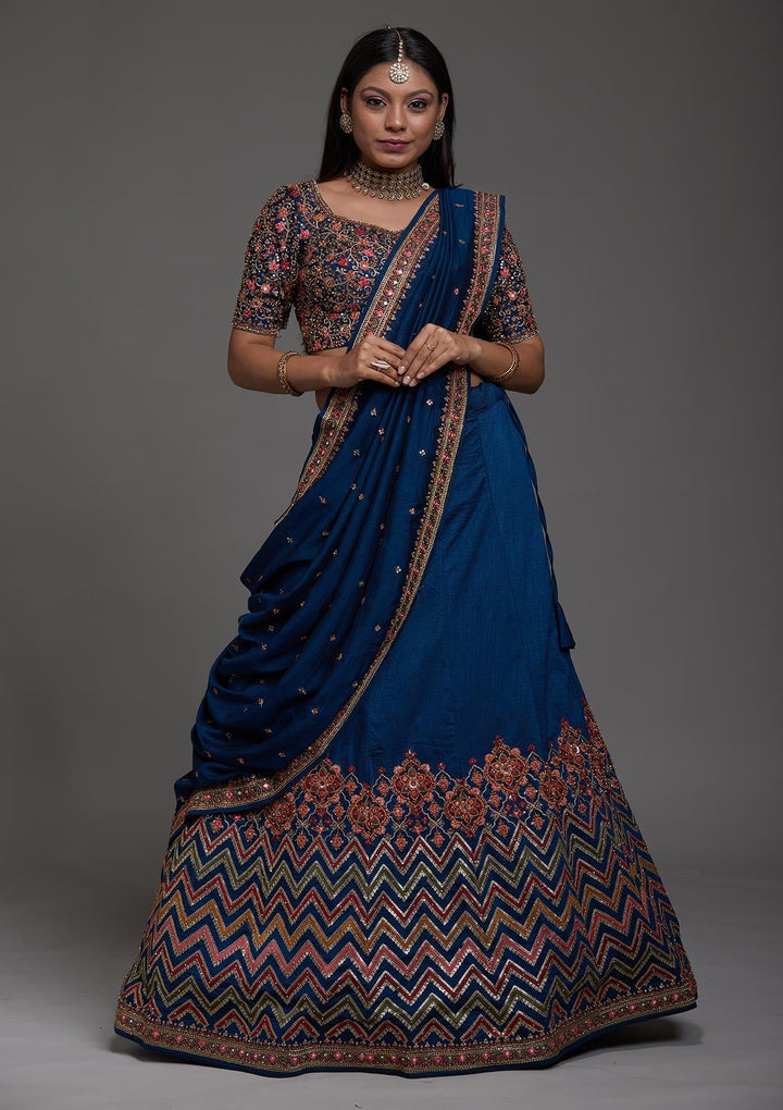 Peacock Blue Threadwork Raw Silk Designer Lehenga-Koskii
