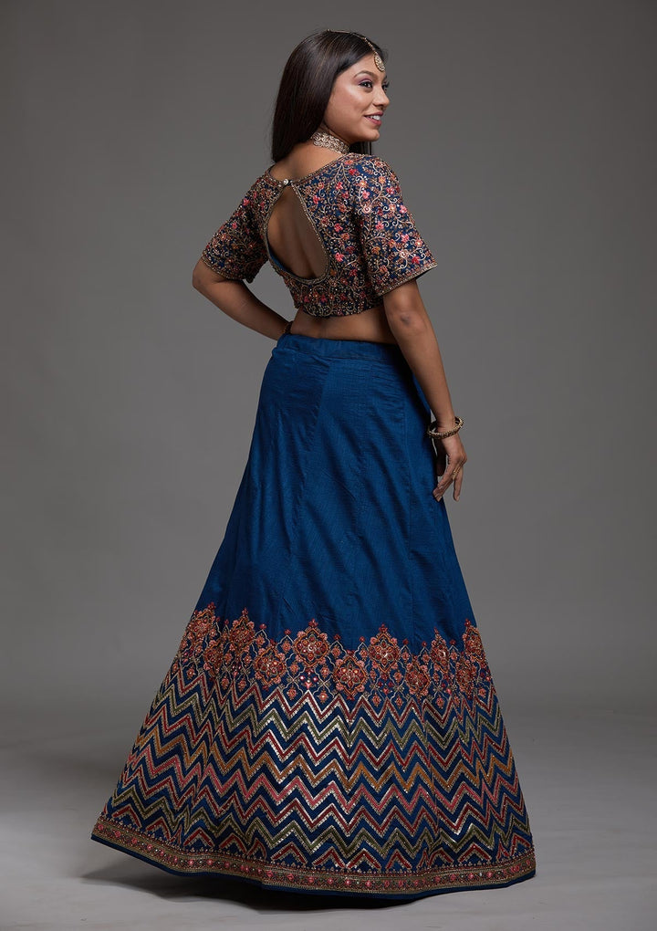 Peacock Blue Threadwork Raw Silk Designer Lehenga-Koskii