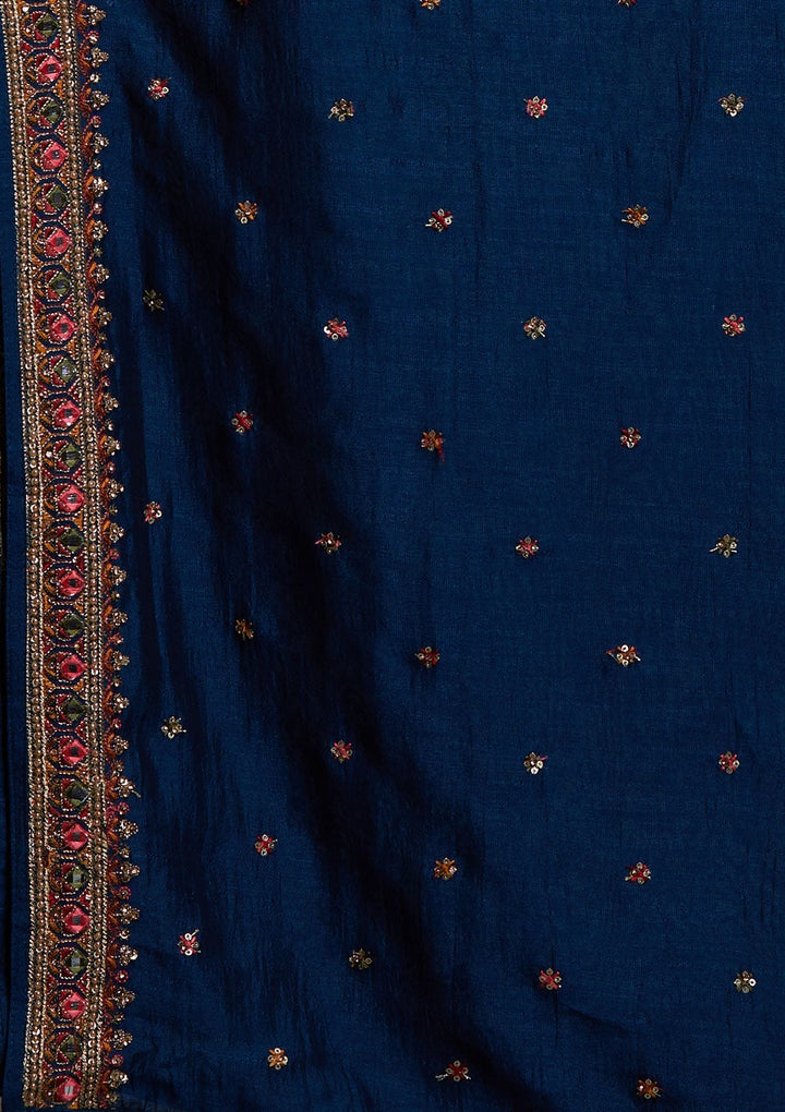 Peacock Blue Threadwork Raw Silk Designer Lehenga-Koskii