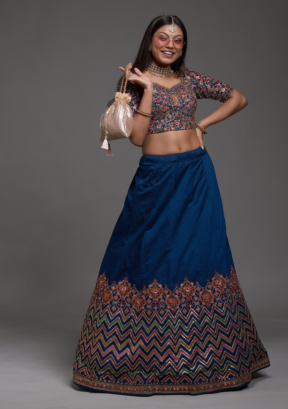 Peacock Blue Threadwork Raw Silk Designer Lehenga-Koskii