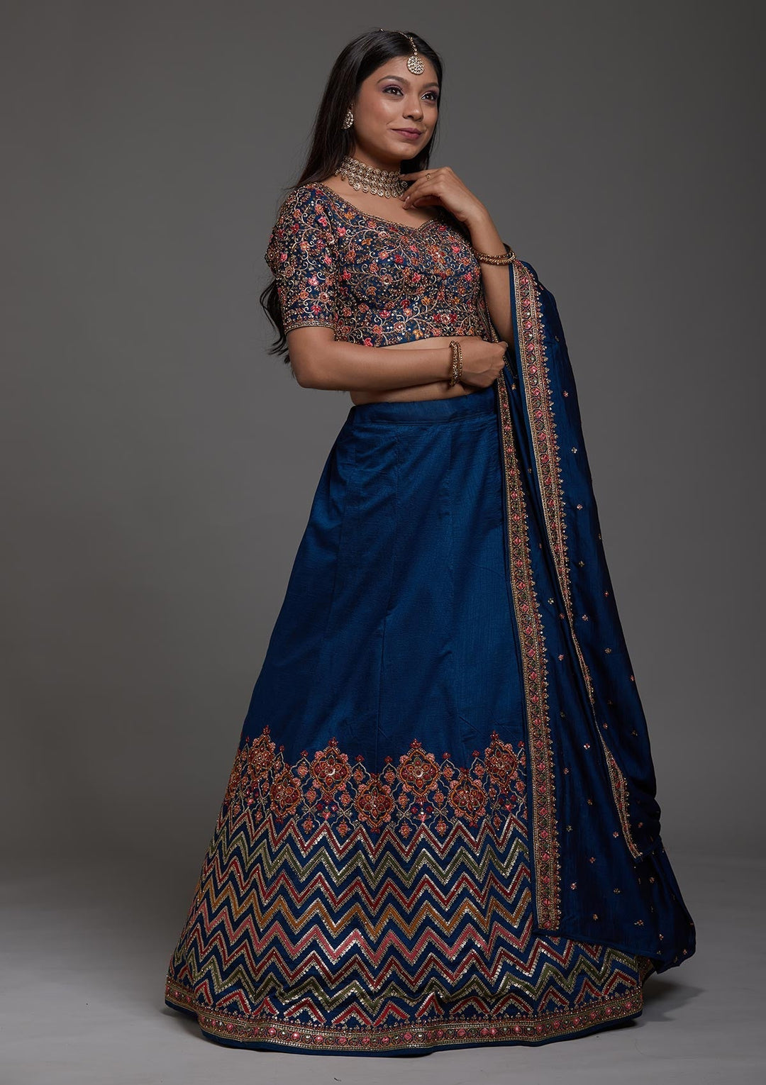 Peacock Blue Threadwork Raw Silk Designer Lehenga-Koskii