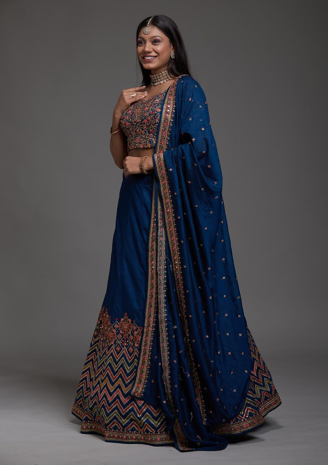 Peacock Blue Threadwork Raw Silk Designer Lehenga-Koskii