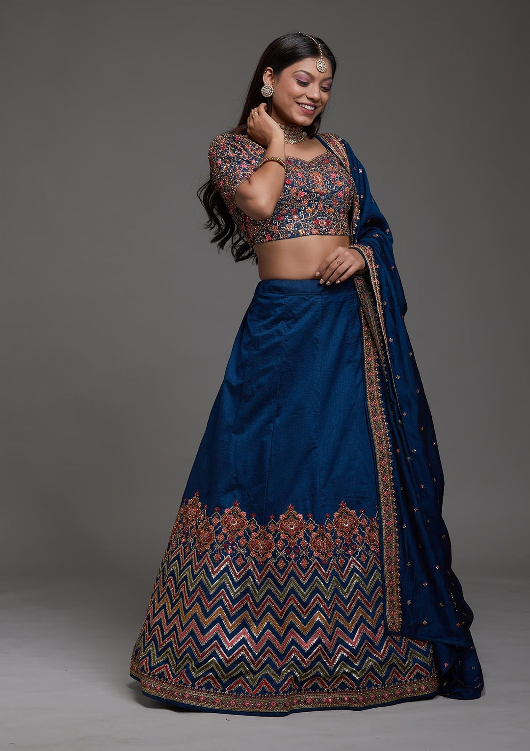 Peacock Blue Threadwork Raw Silk Designer Lehenga-Koskii