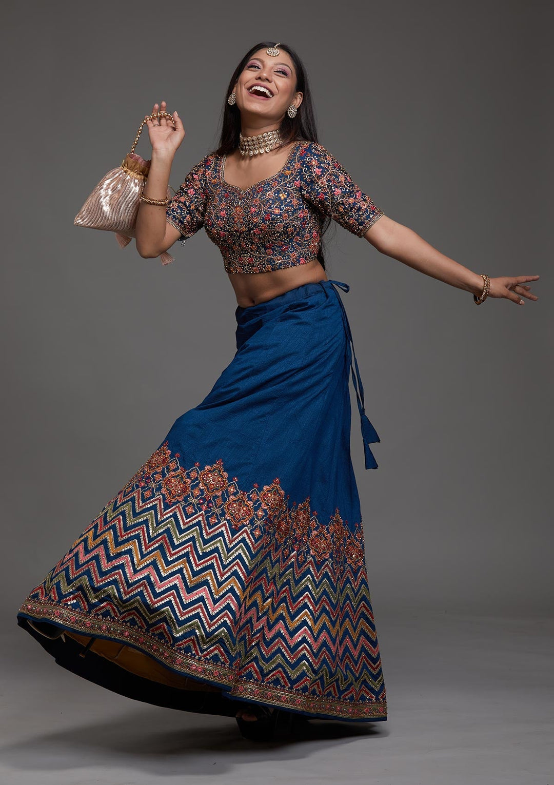 Peacock Blue Threadwork Raw Silk Designer Lehenga-Koskii