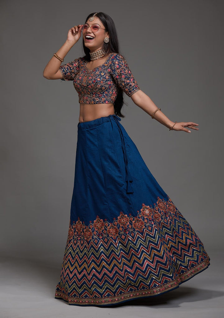 Peacock Blue Threadwork Raw Silk Designer Lehenga-Koskii