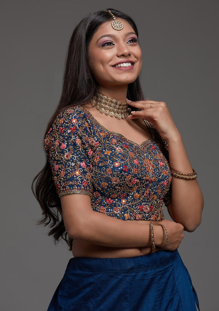 Peacock Blue Threadwork Raw Silk Designer Lehenga-Koskii