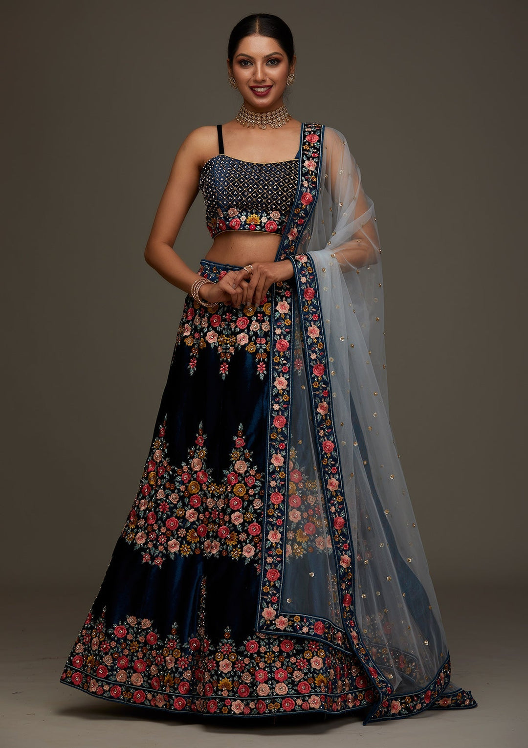 Peacock Blue Threadwork Velvet Designer Semi-Stitched Lehenga- Koskii