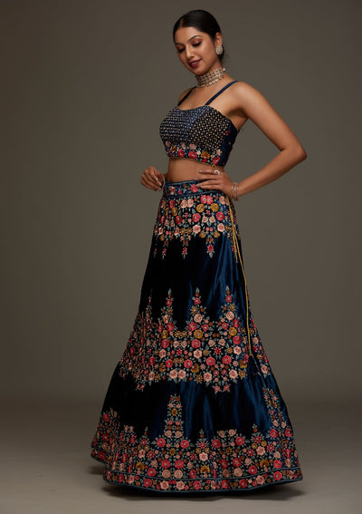Peacock Blue Threadwork Velvet Designer Semi-Stitched Lehenga - Koskii