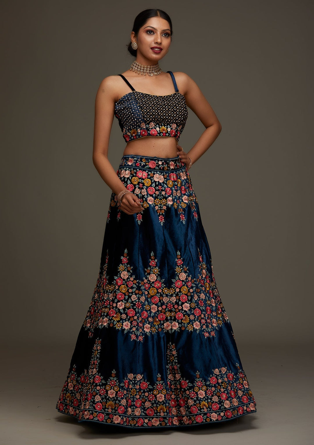 Peacock Blue Threadwork Velvet Designer Semi-Stitched Lehenga - Koskii