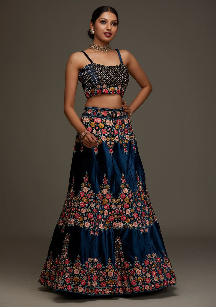 Peacock Blue Threadwork Velvet Designer Semi-Stitched Lehenga - Koskii