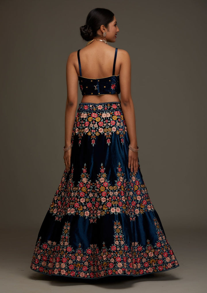 Peacock Blue Threadwork Velvet Designer Semi-Stitched Lehenga - Koskii