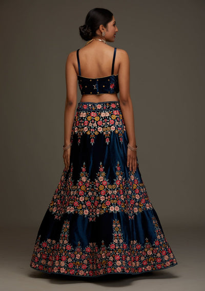 Peacock Blue Threadwork Velvet Designer Semi-Stitched Lehenga - Koskii