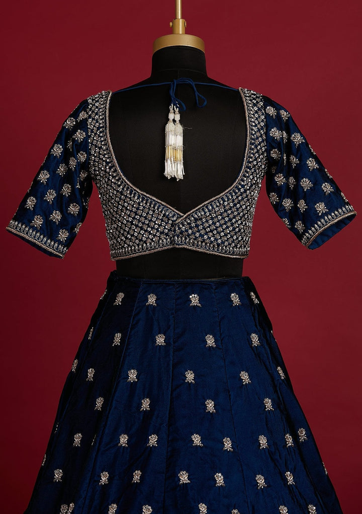 Peacock Blue Zardosi Velvet Designer Lehenga - koskii