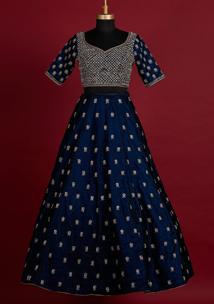 Peacock Blue Zardosi Velvet Designer Lehenga - koskii