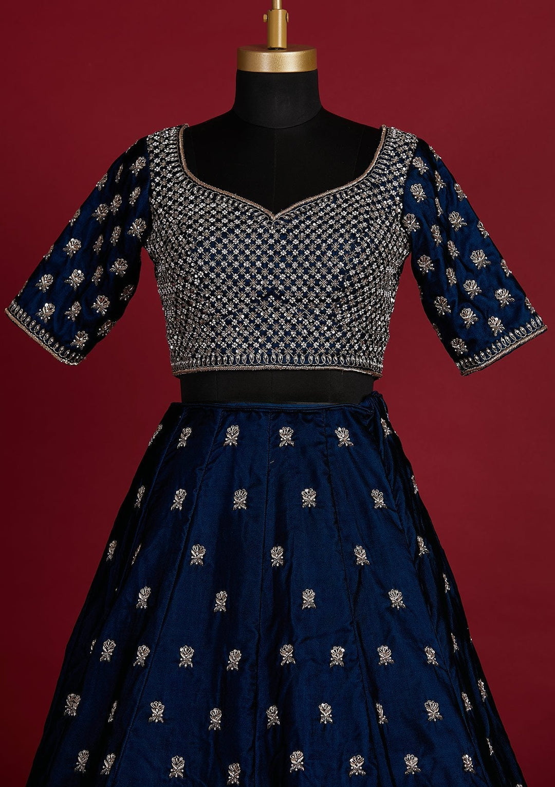 Peacock Blue Zardosi Velvet Designer Lehenga - koskii