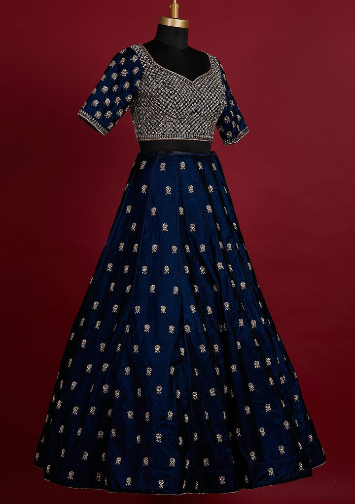 Peacock Blue Zardosi Velvet Designer Lehenga - koskii