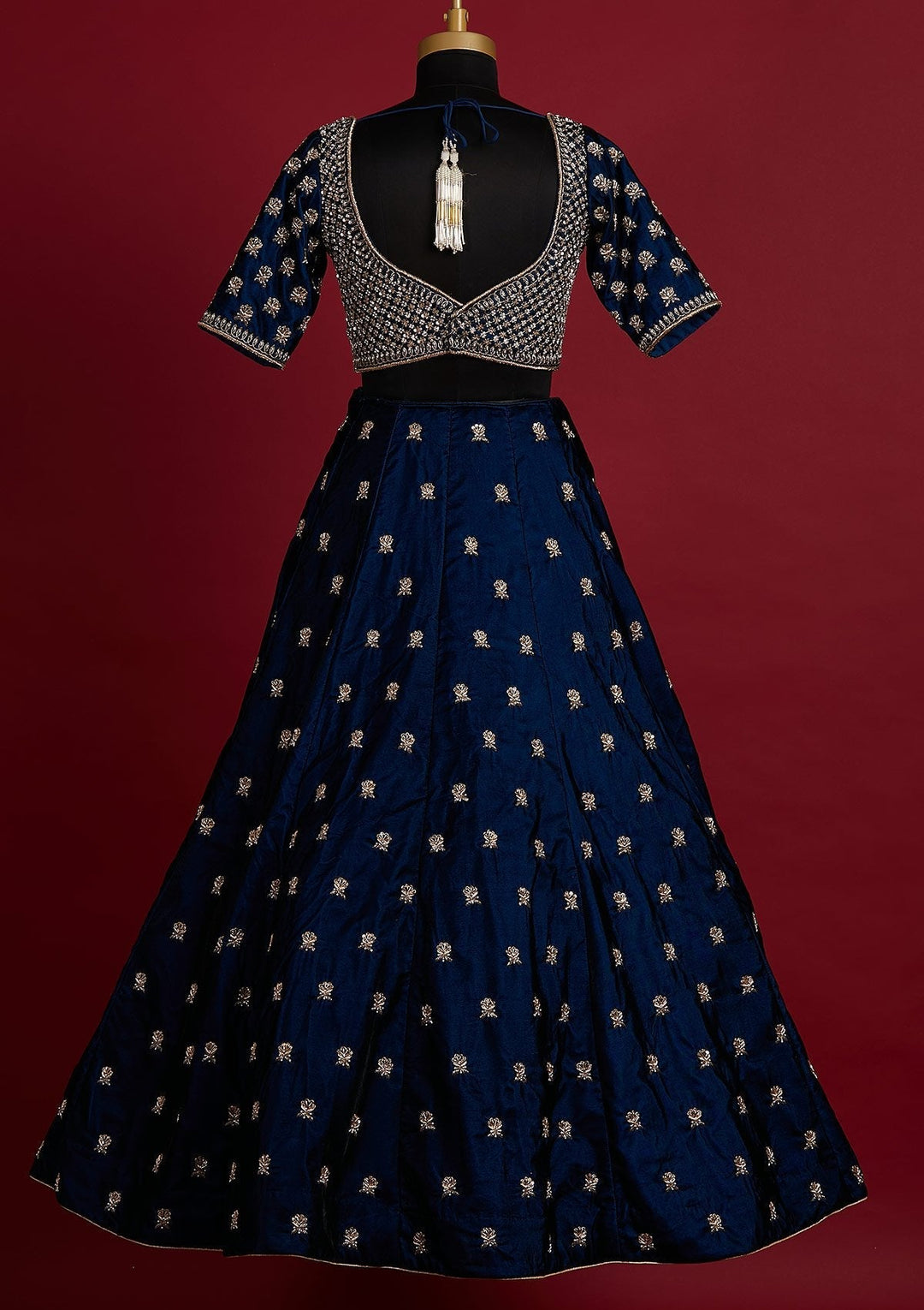 Peacock Blue Zardosi Velvet Designer Lehenga - koskii