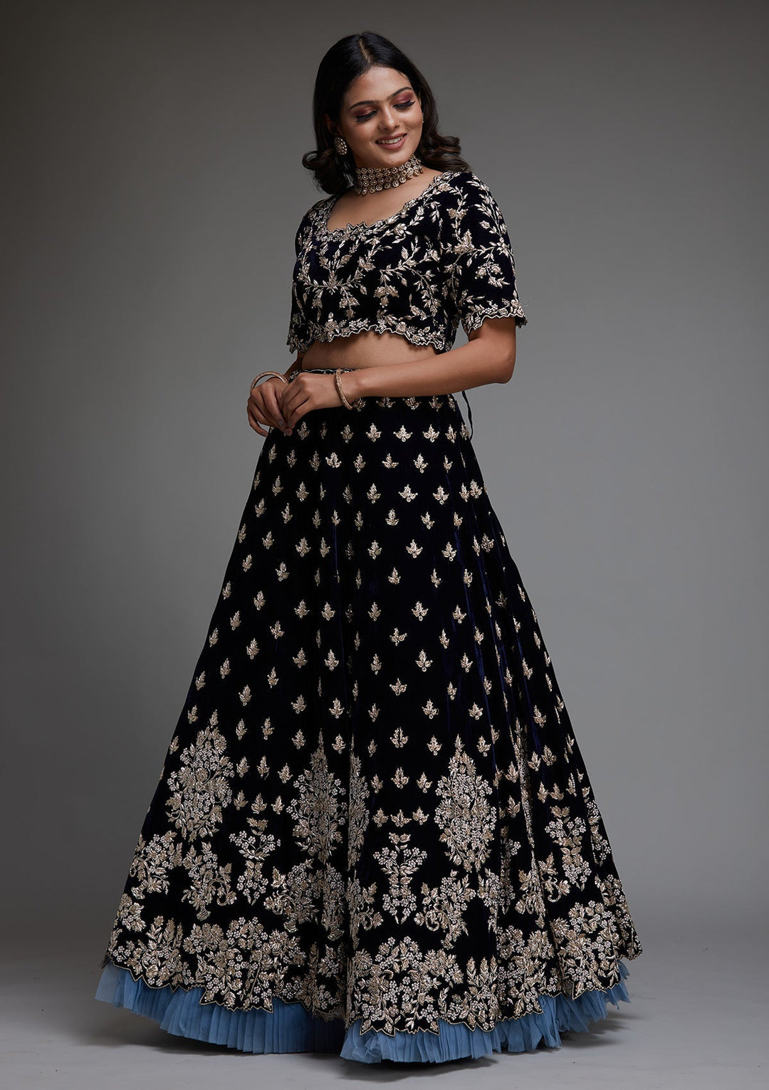 Peacock Blue Zardosi Velvet Designer Lehenga - Koskii