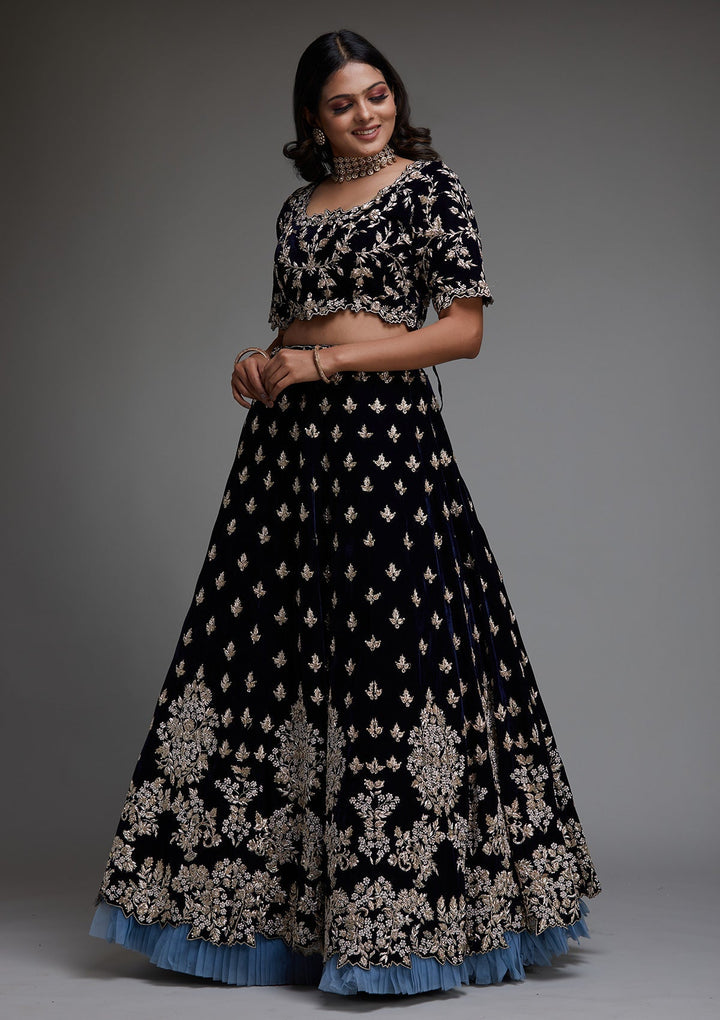 Peacock Blue Zardosi Velvet Designer Lehenga - Koskii