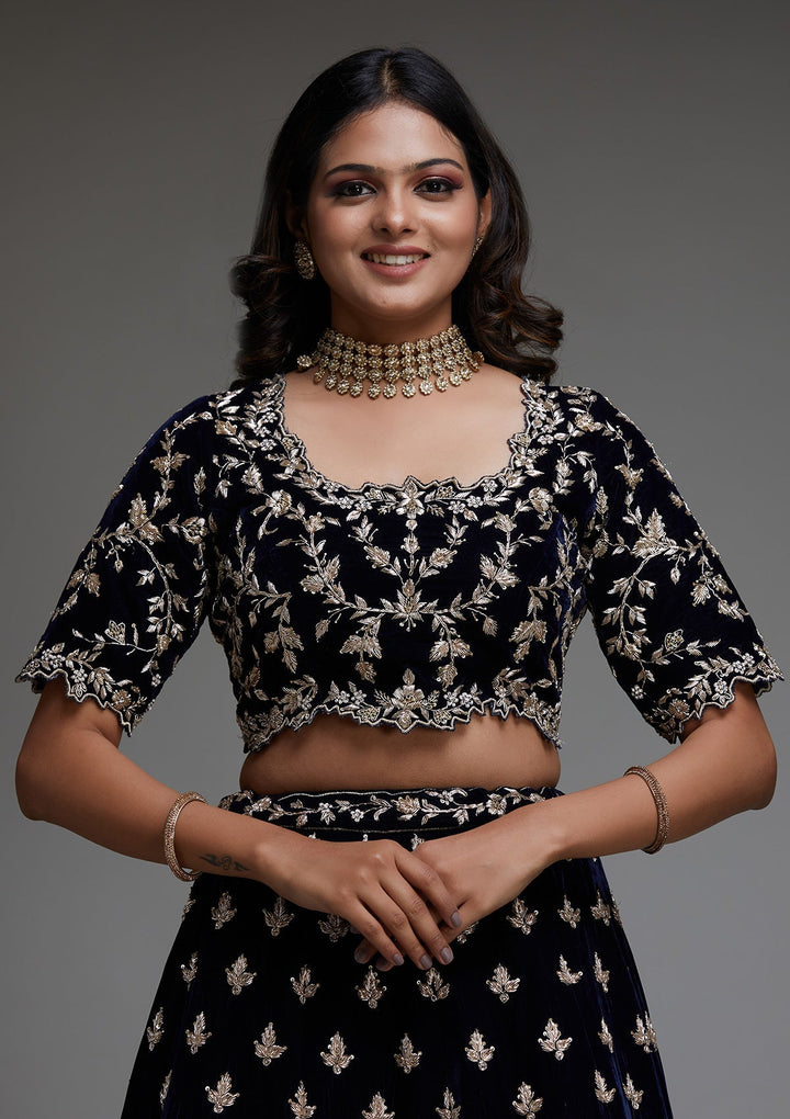 Peacock Blue Zardosi Velvet Designer Lehenga - Koskii