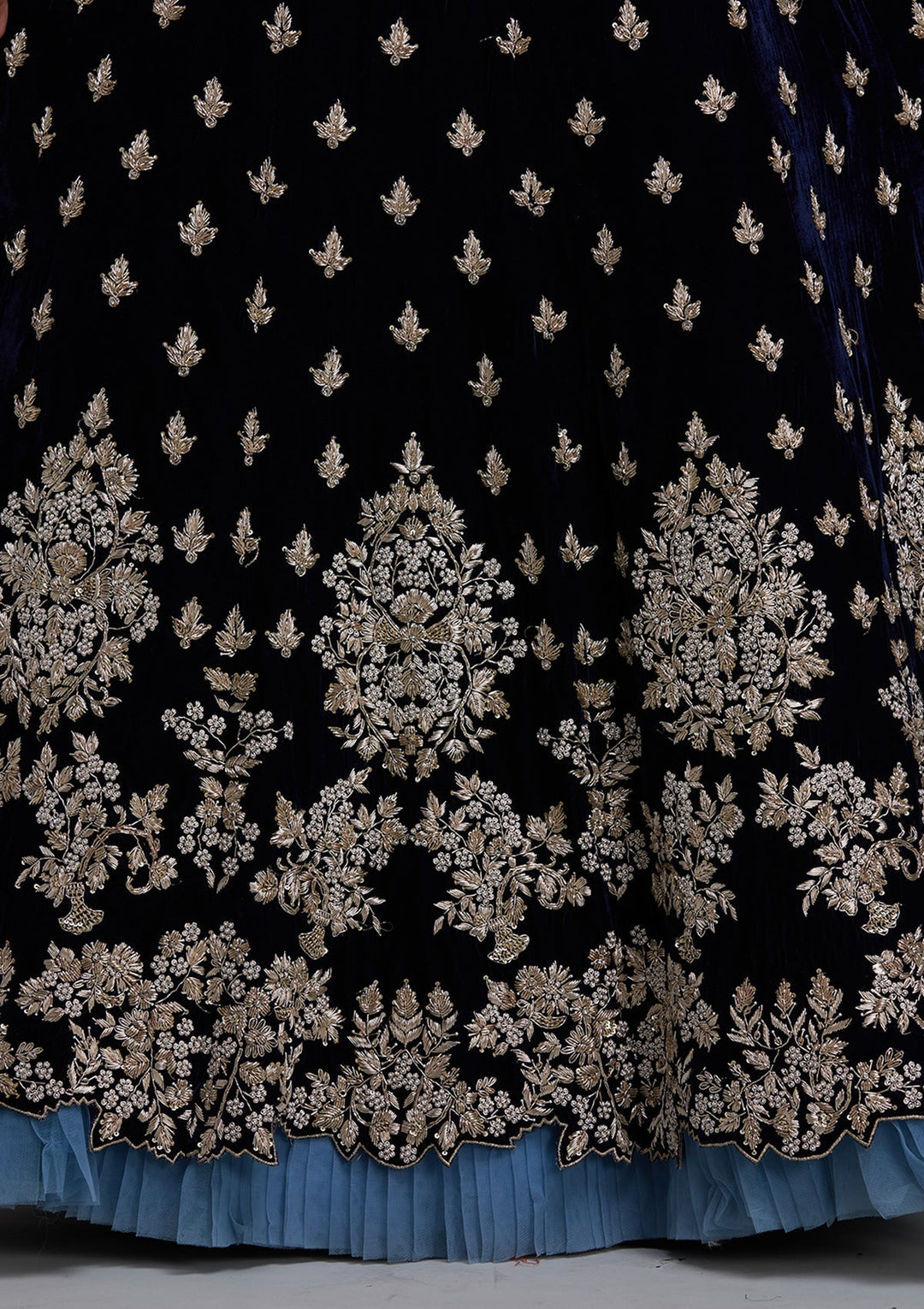 Peacock Blue Zardosi Velvet Designer Lehenga - Koskii