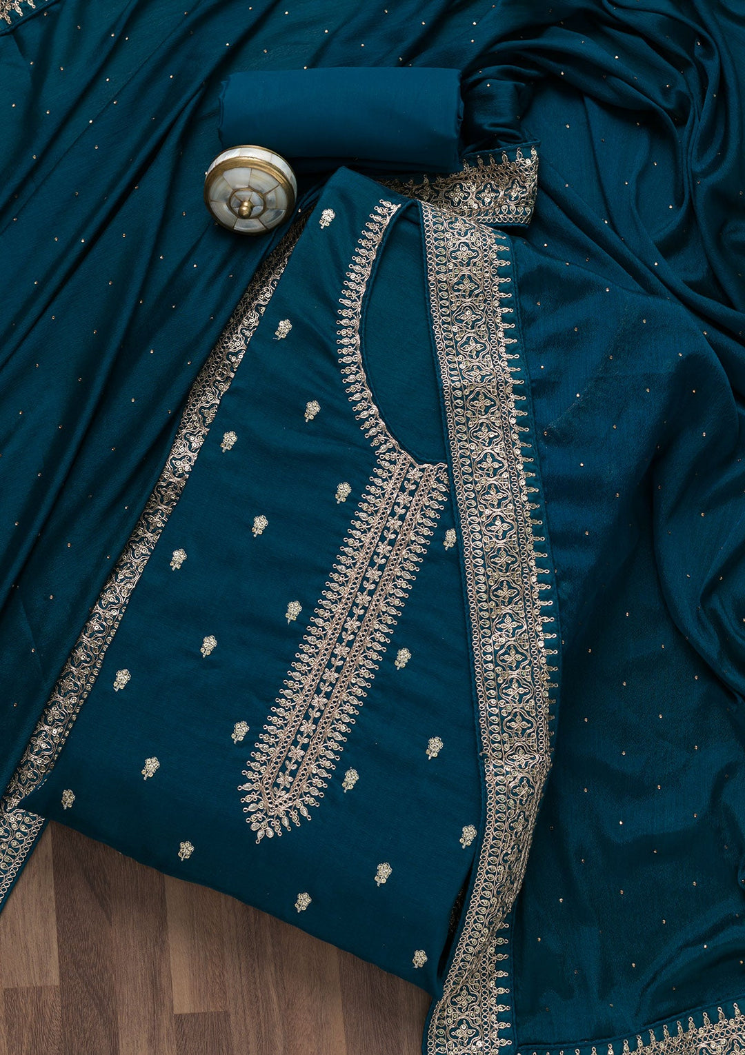 Peacock Blue Zariwork Art Silk Semi-Stitched Salwar Suit-Koskii