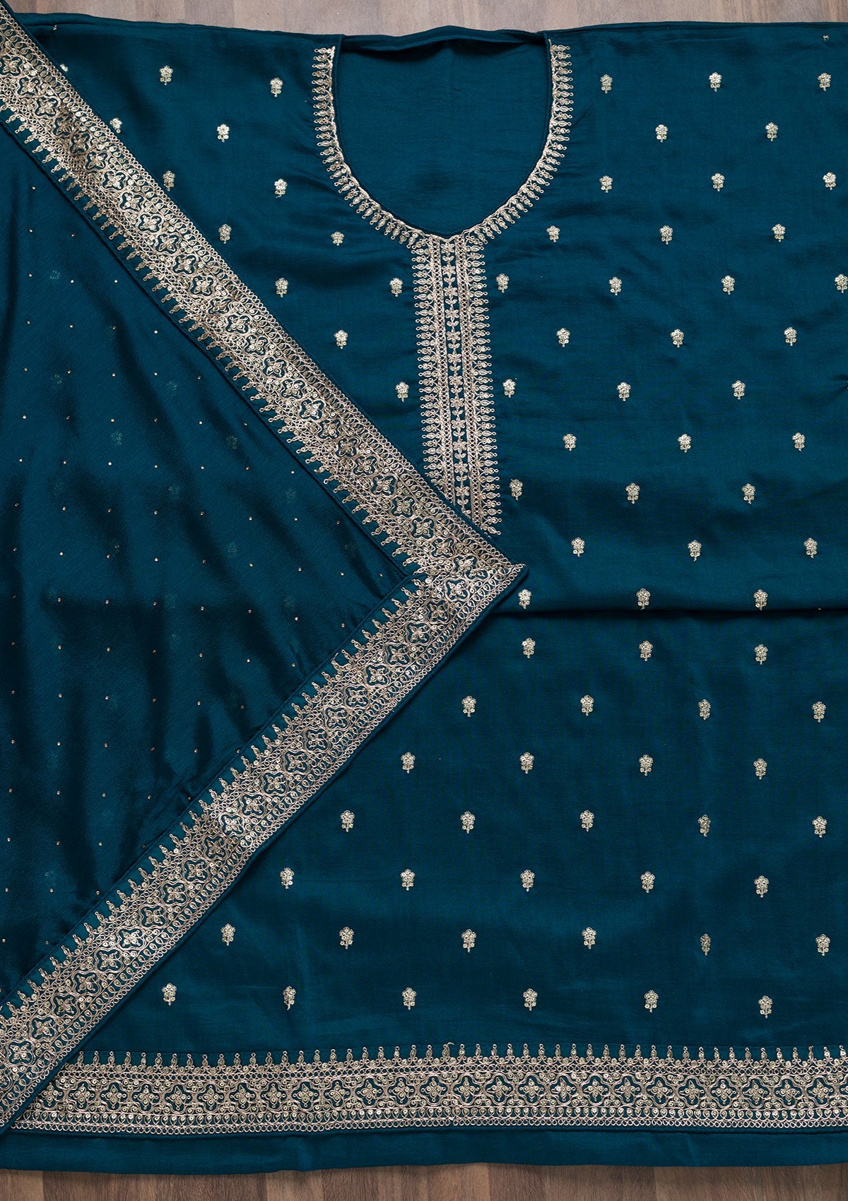 Peacock Blue Zariwork Art Silk Semi-Stitched Salwar Suit-Koskii