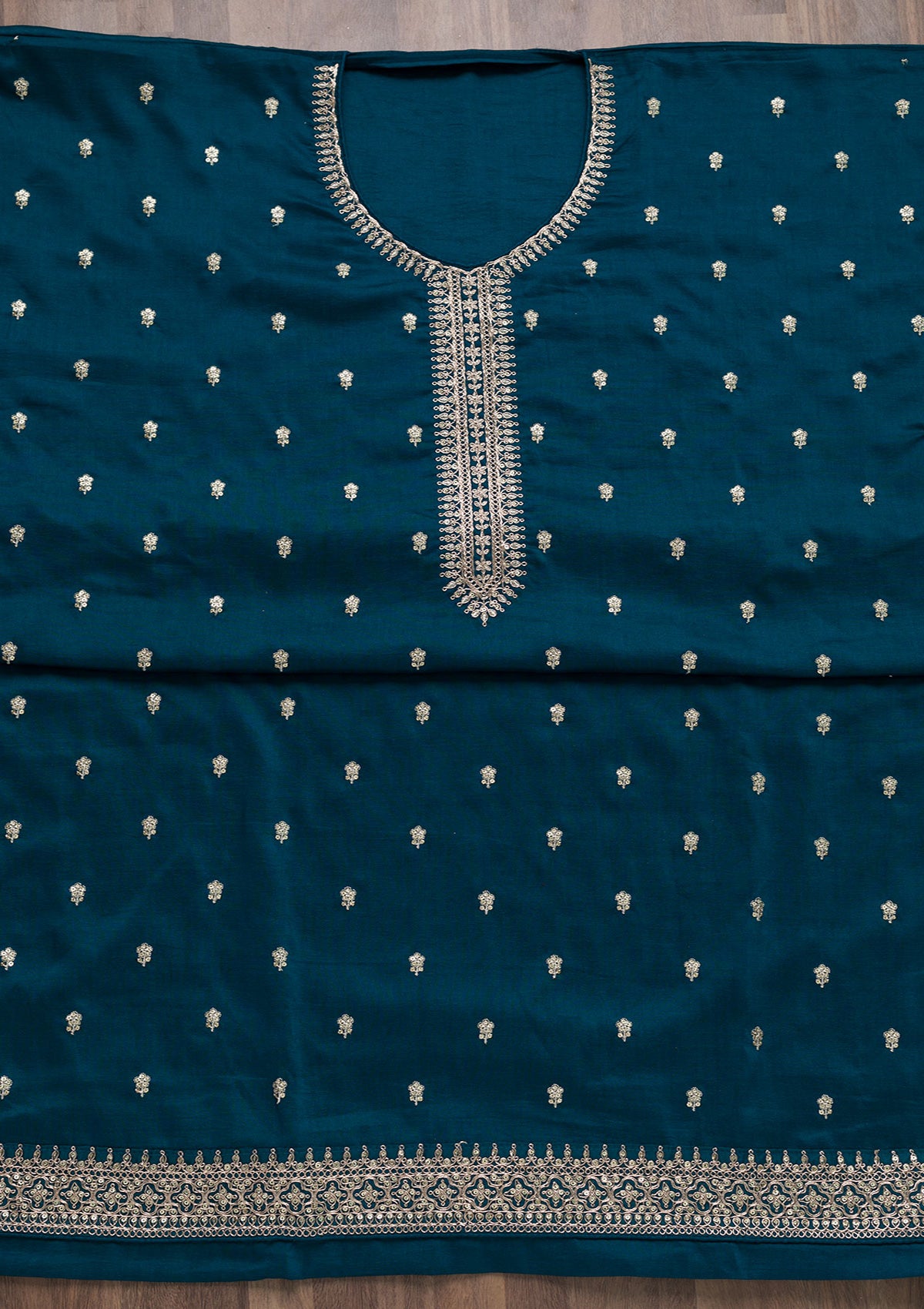 Peacock Blue Zariwork Raw Silk Semi Stitched Salwar Kameez-Koskii