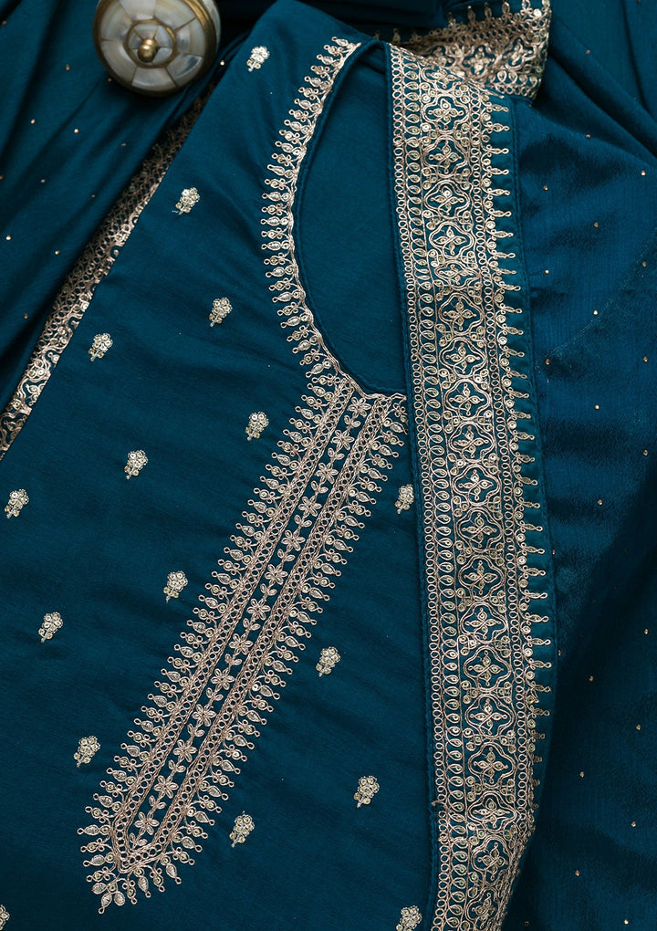 Peacock Blue Zariwork Art Silk Semi-Stitched Salwar Suit-Koskii