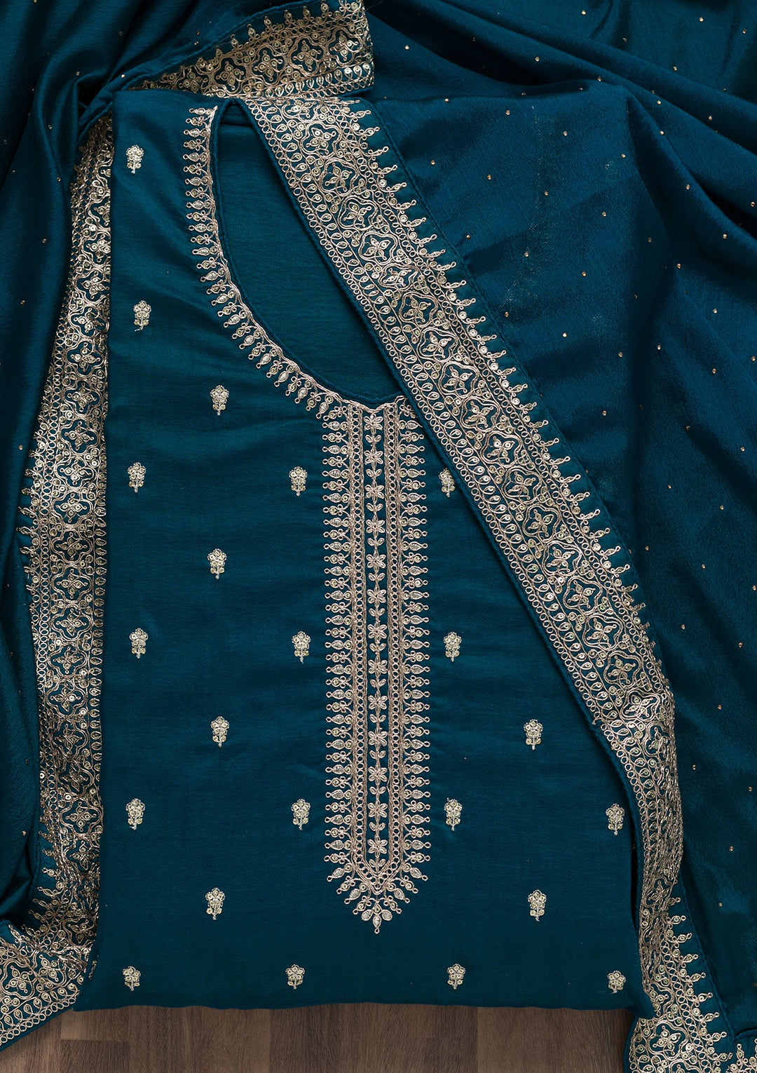 Peacock Blue Zariwork Art Silk Semi-Stitched Salwar Suit-Koskii