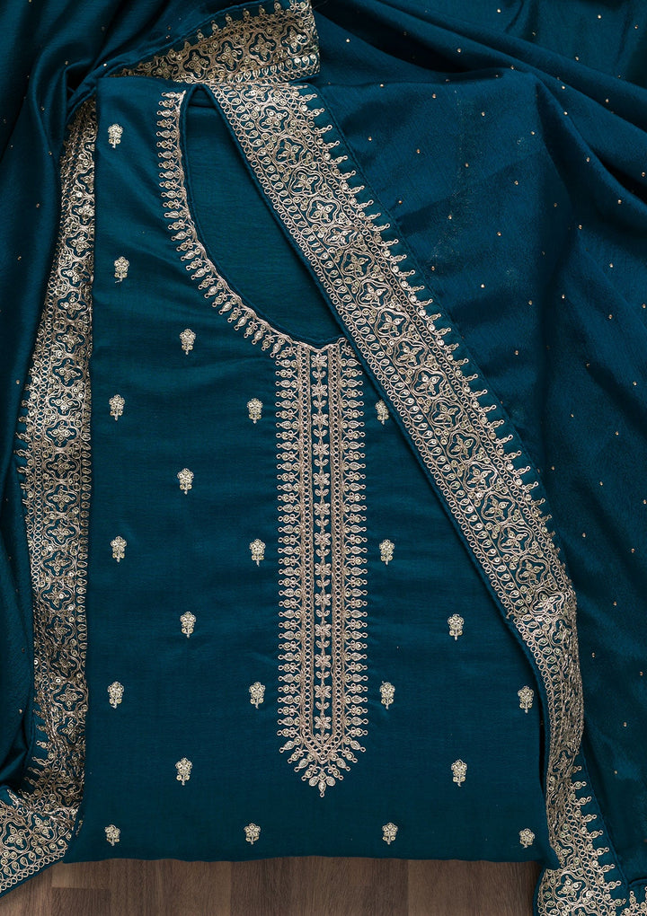 Peacock Blue Zariwork Art Silk Semi-Stitched Salwar Suit-Koskii