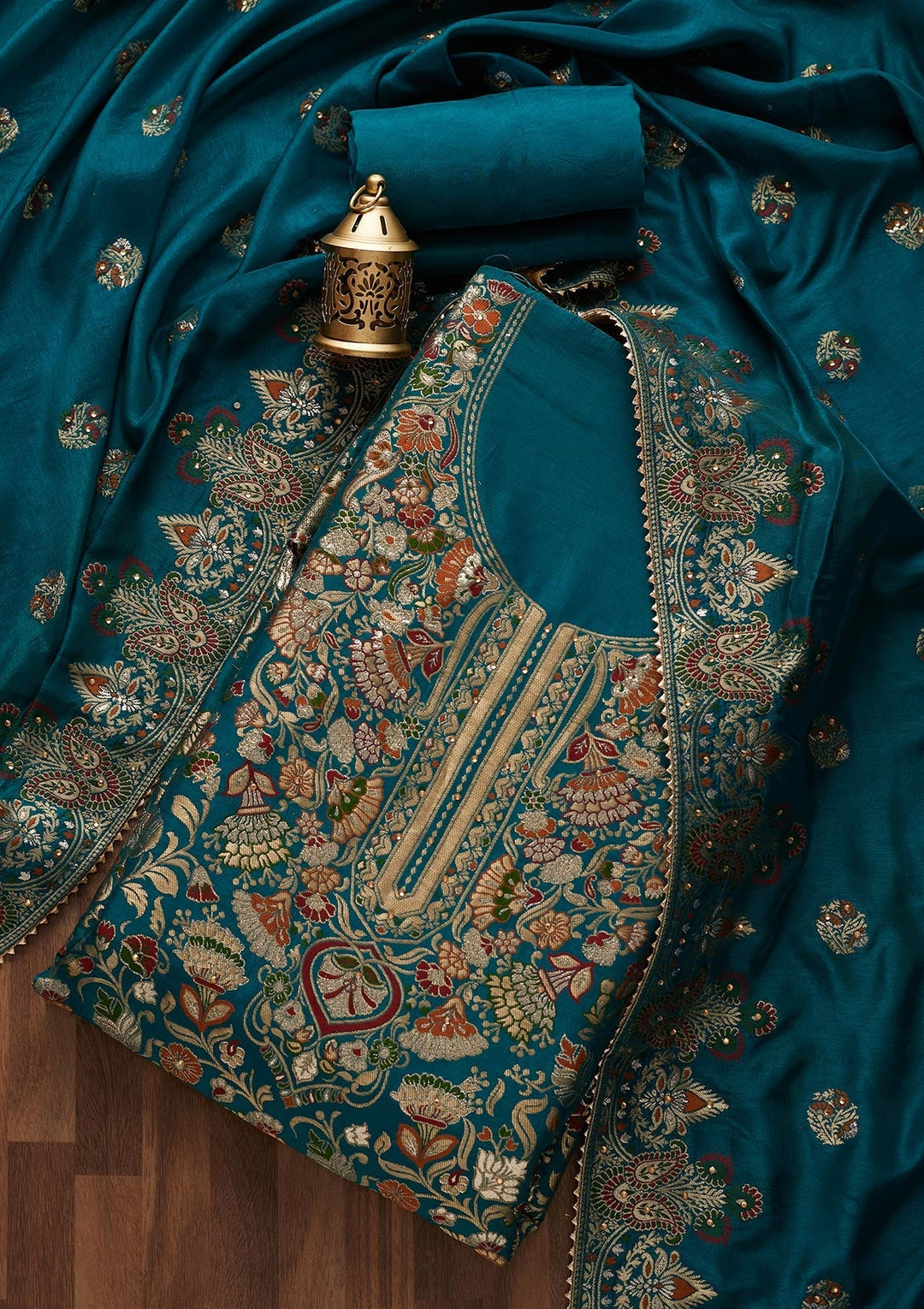 Peacock Blue Zariwork Art Silk Designer Unstitched Salwar Suit - Koskii