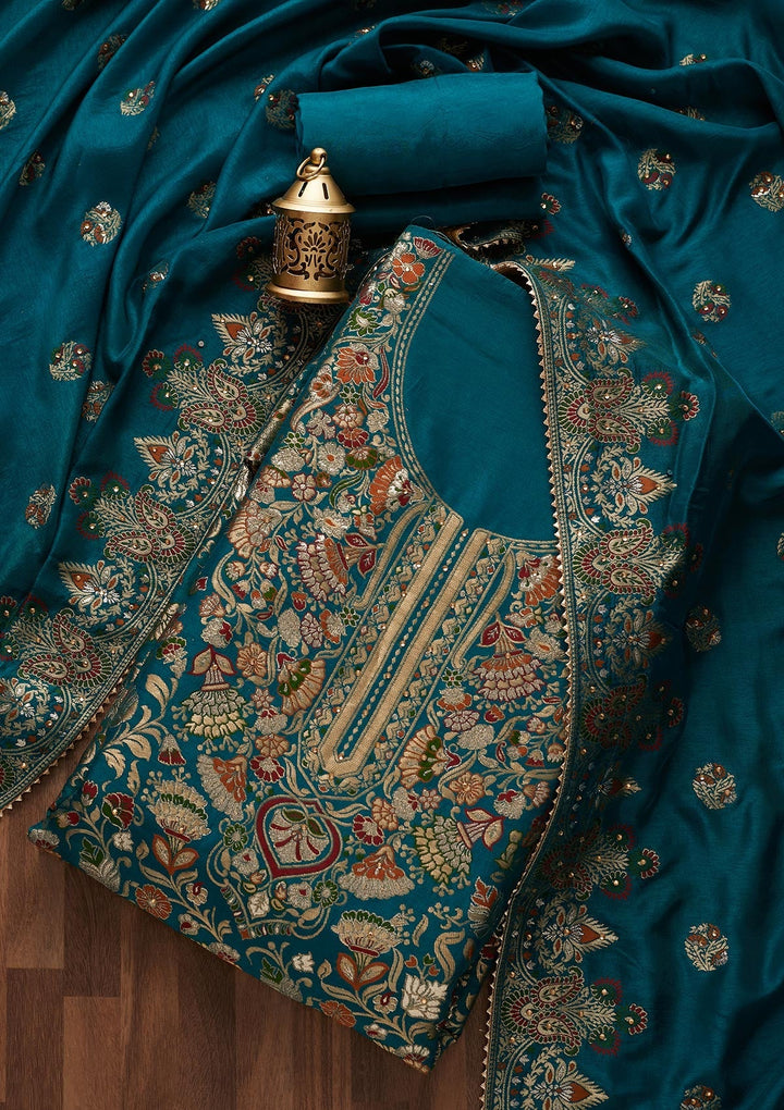Peacock Blue Zariwork Art Silk Designer Unstitched Salwar Suit - Koskii