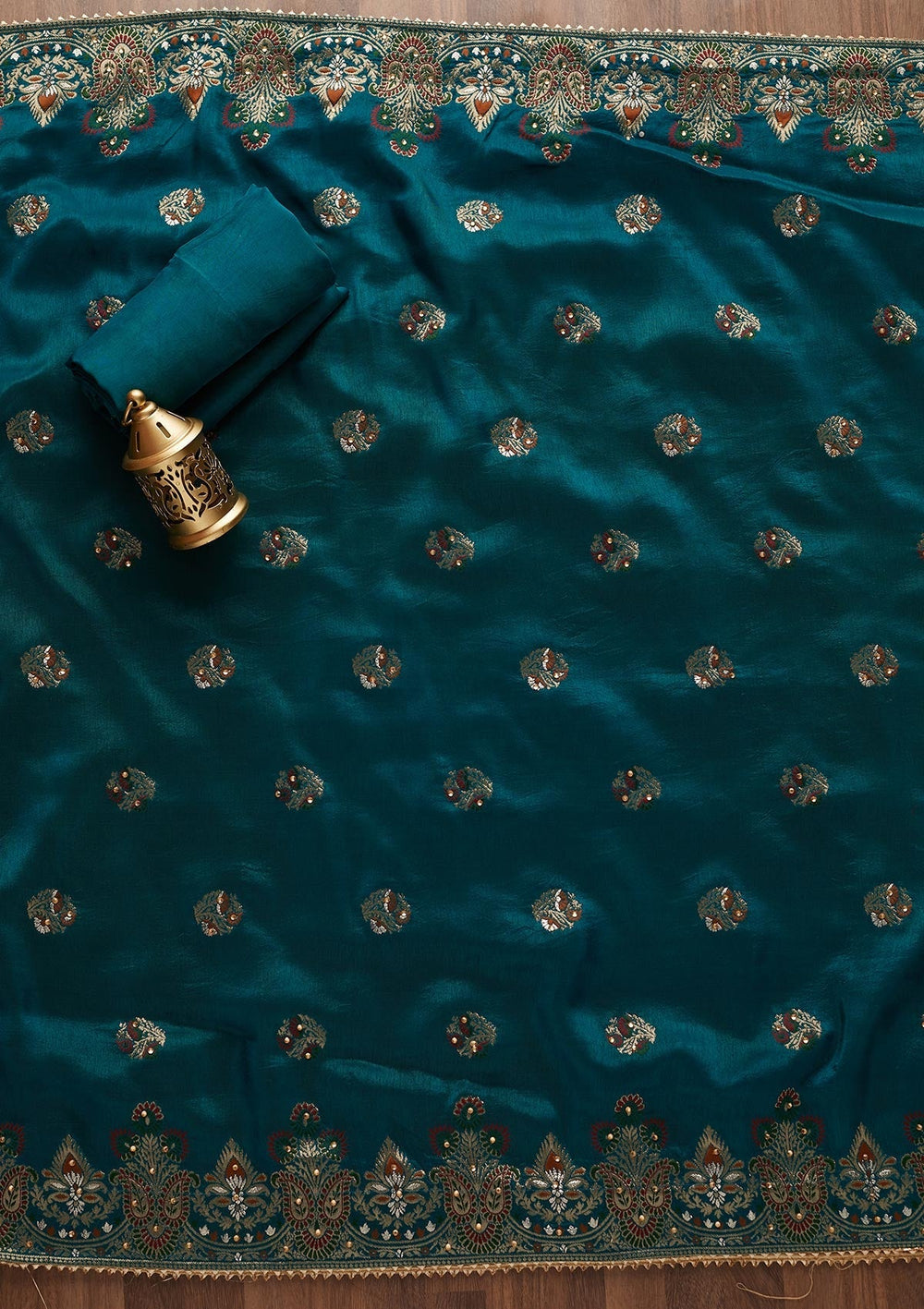 Peacock Blue Zariwork Art Silk Designer Unstitched Salwar Suit - Koskii