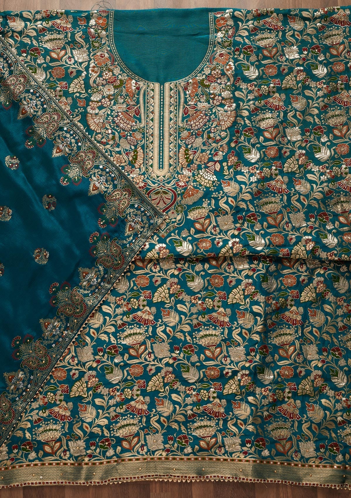 Peacock Blue Zariwork Art Silk Designer Unstitched Salwar Suit - Koskii