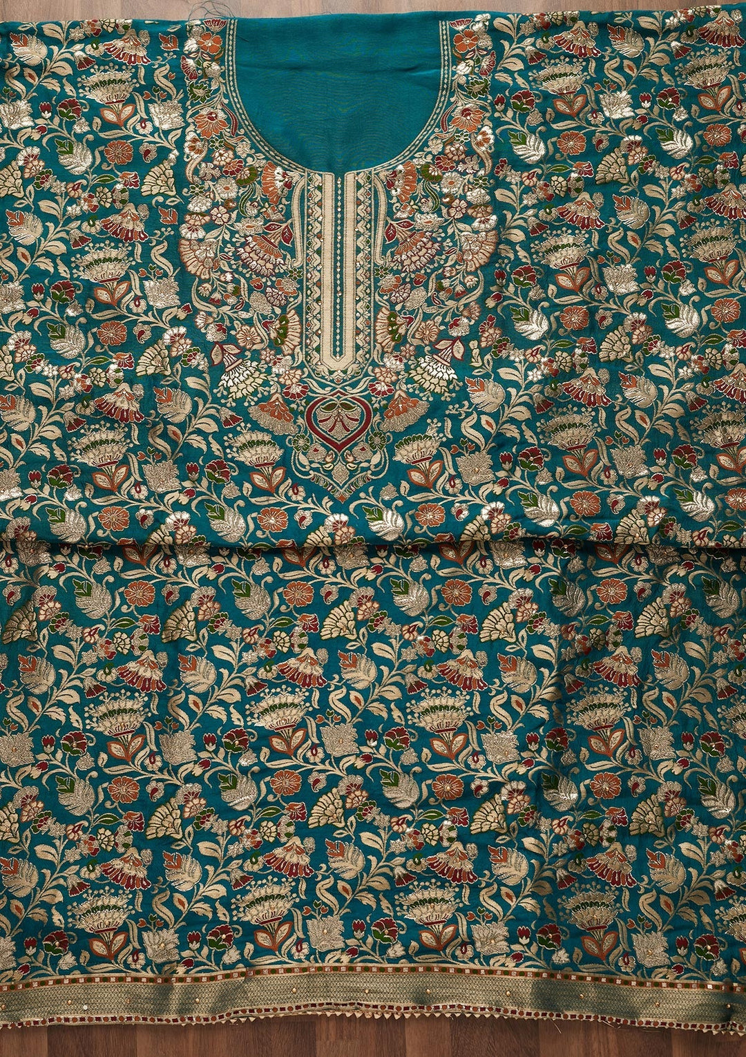 Peacock Blue Zariwork Art Silk Designer Unstitched Salwar Suit - Koskii
