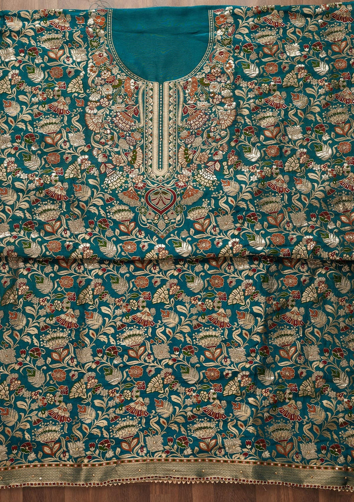 Peacock Blue Zariwork Art Silk Designer Unstitched Salwar Suit - Koskii