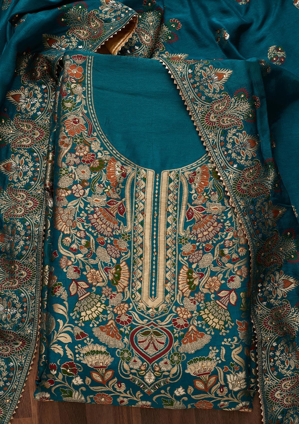 Peacock Blue Zariwork Art Silk Designer Unstitched Salwar Suit - Koskii