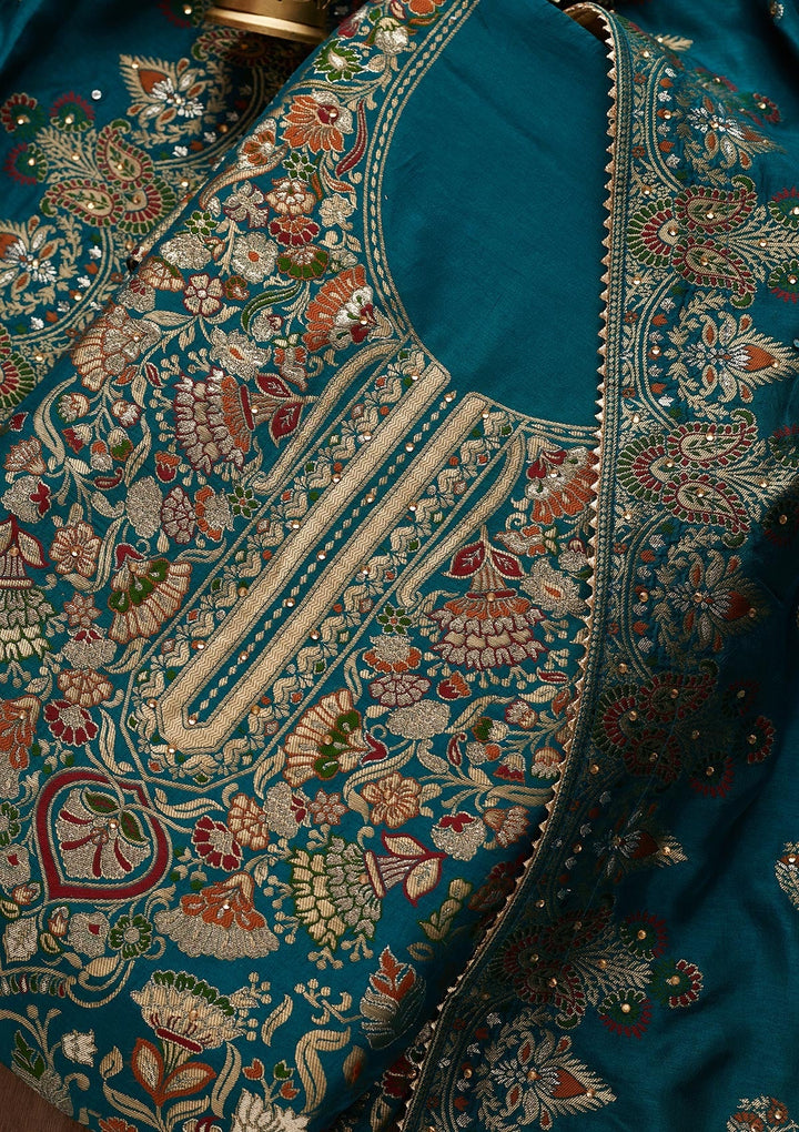 Peacock Blue Zariwork Art Silk Designer Unstitched Salwar Suit - Koskii