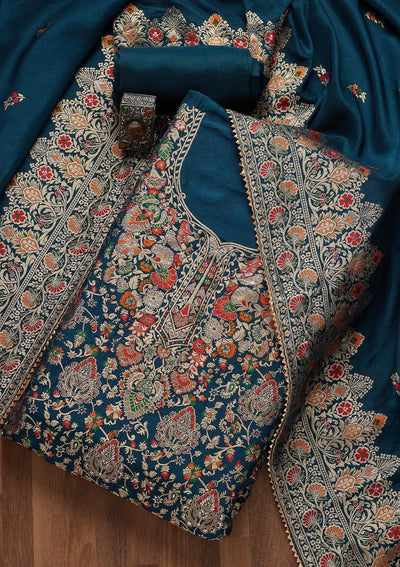 Peacock Blue Zariwork Art Silk Unstitched Salwar Suit- Koskii
