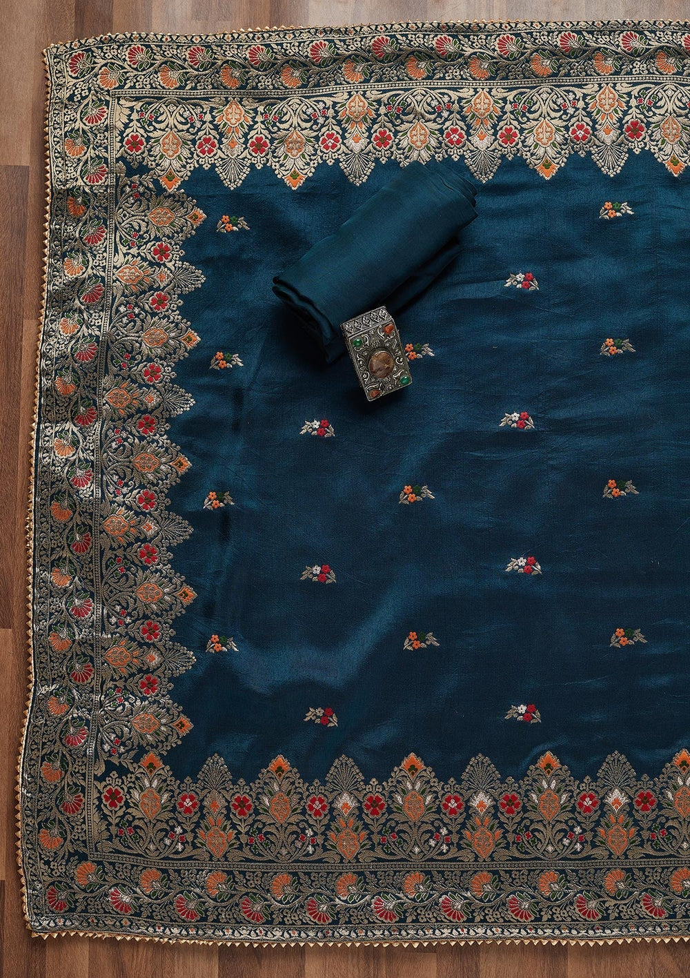 Peacock Blue Zariwork Art Silk Unstitched Salwar Suit - Koskii