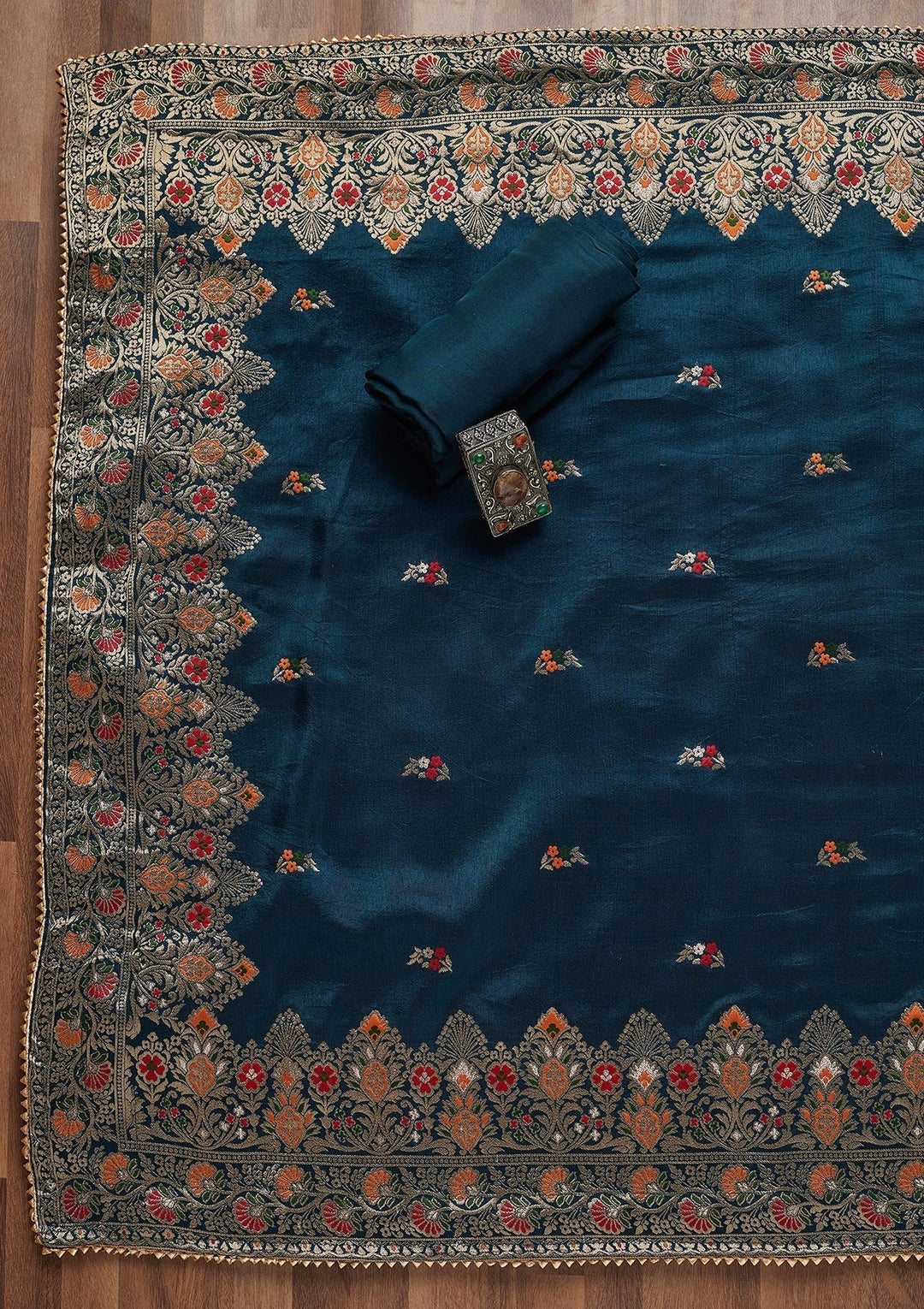 Peacock Blue Zariwork Art Silk Unstitched Salwar Suit - Koskii