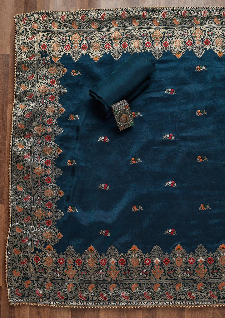 Peacock Blue Zariwork Art Silk Unstitched Salwar Suit - Koskii