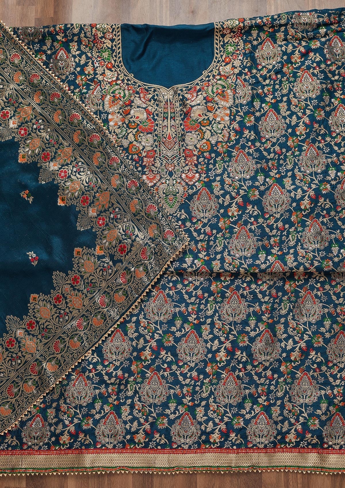 Peacock Blue Zariwork Art Silk Unstitched Salwar Suit - Koskii