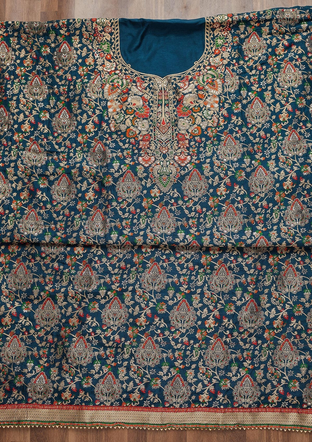 Peacock Blue Zariwork Art Silk Unstitched Salwar Suit - Koskii